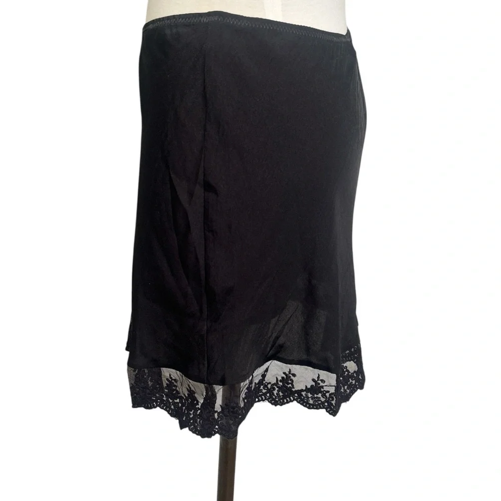 Urban Outfitters Black Mini Slip Skirt with Lace Hem and Red Rose Accent Size M